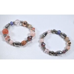 A Pair of Silver Toned‎ Multicolor Beaded Stretch Bracelets 6"